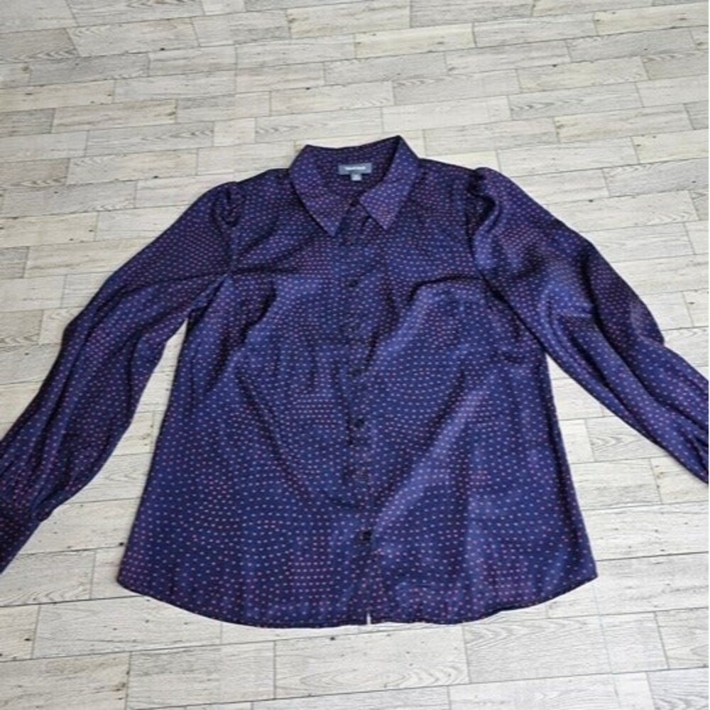ModCloth Navy Blue/Red Heart Puff Sleeve Button-up Blouse, Size M
